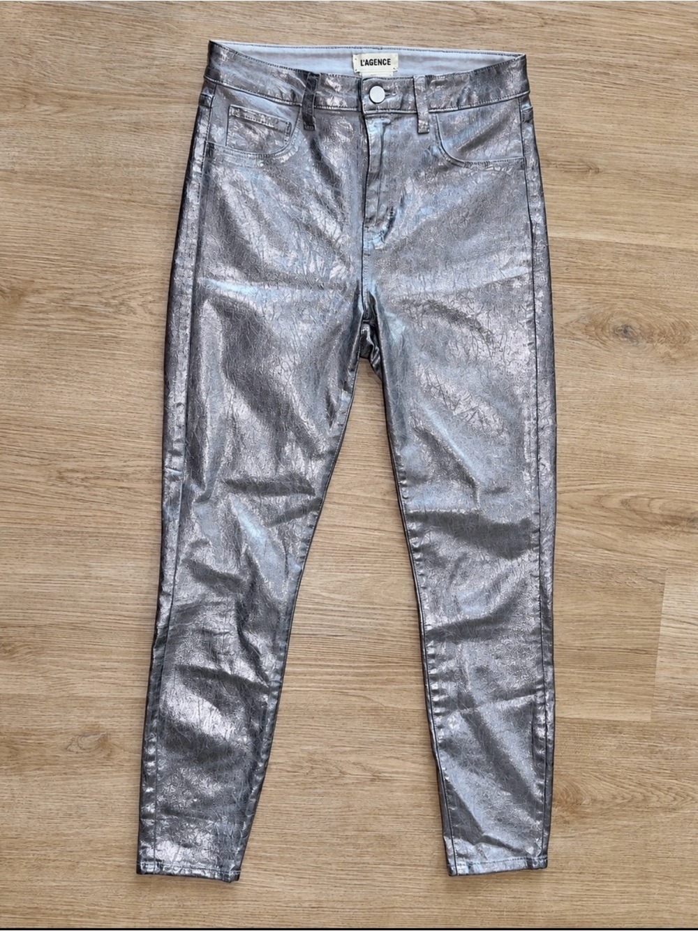 L’AGENCE Silver Foil Metallic Coated Skinny Jeans Size 28